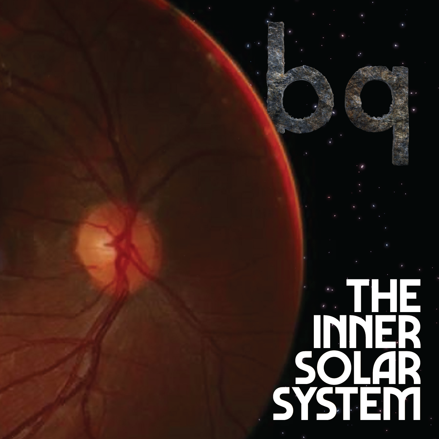 album cover with retinal scan as a planet, the band name 'bq' rendered in stone, and a sea of faraway stars